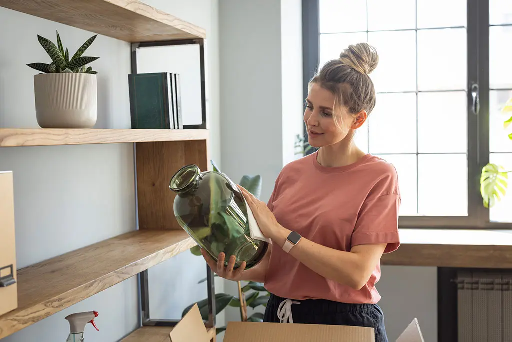 Woman placing a glass vase on a wooden shelf while unpacking at home