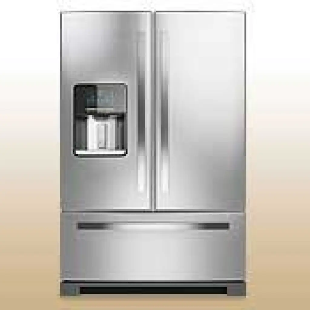 Stainless steel French door refrigerator with water and ice dispenser