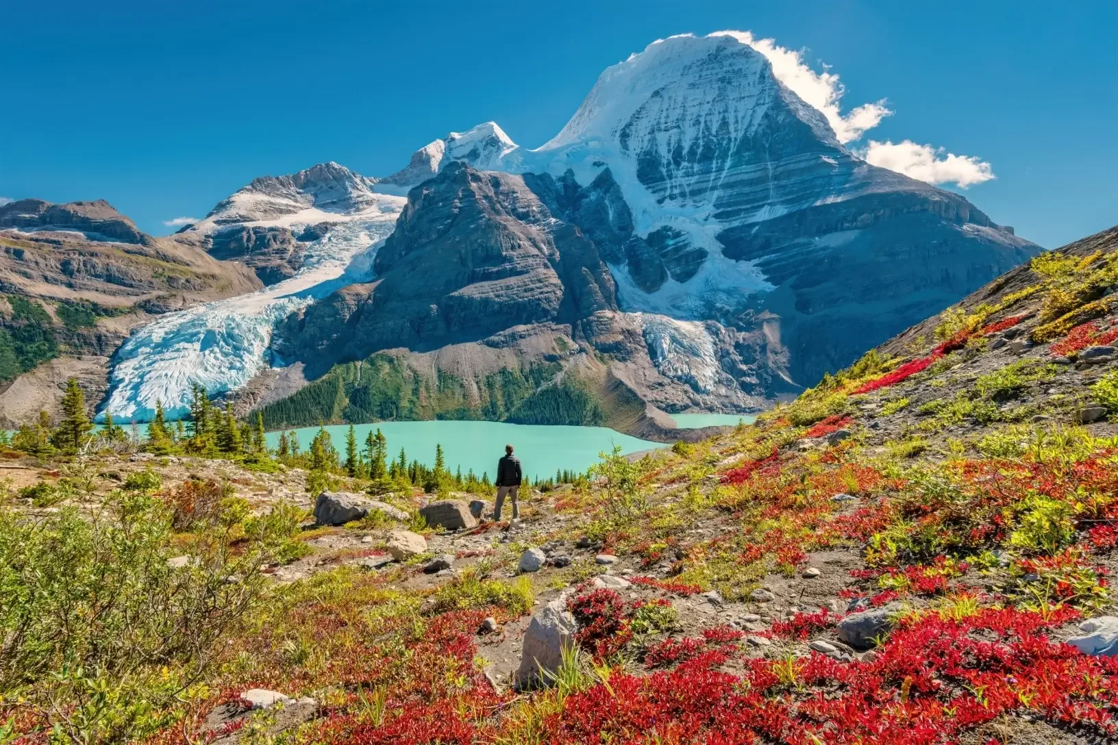 Hiker standing before a glacial lake and snow-capped mountain in the Canadian Rockies