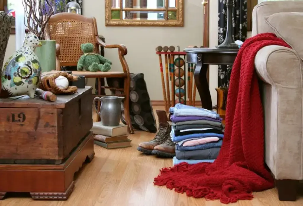 Vintage living room items packed for moving