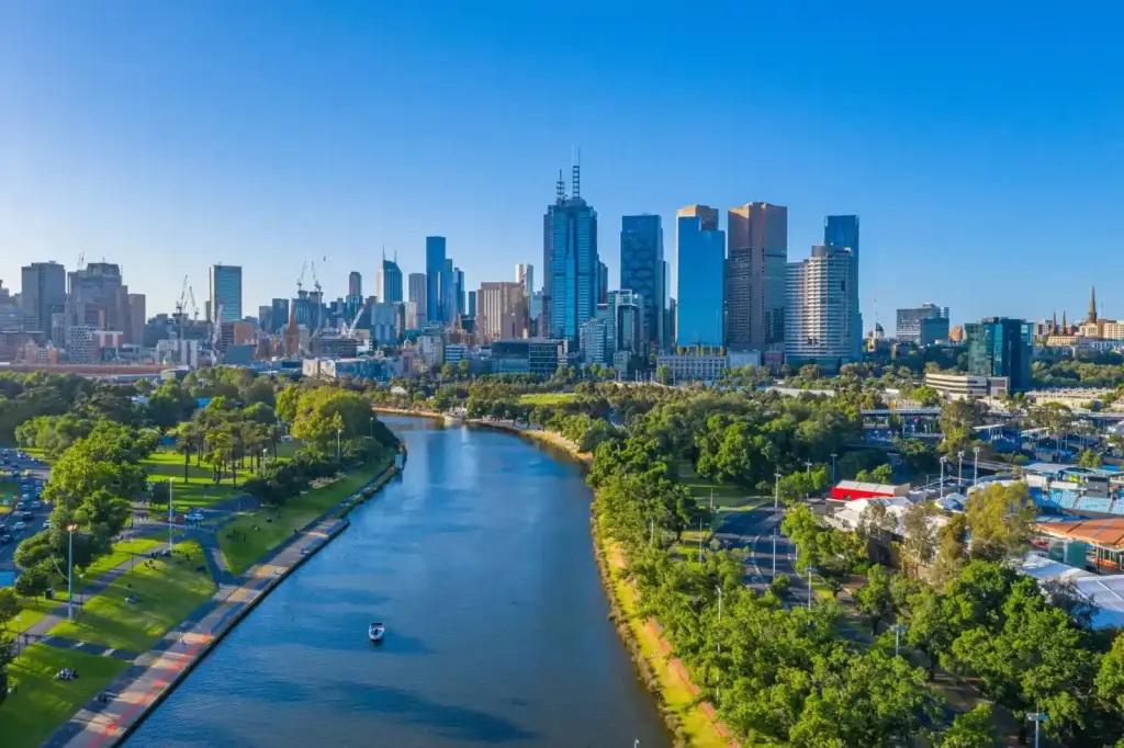 Aerial view of Melbourne CBD skyline along Yarra River