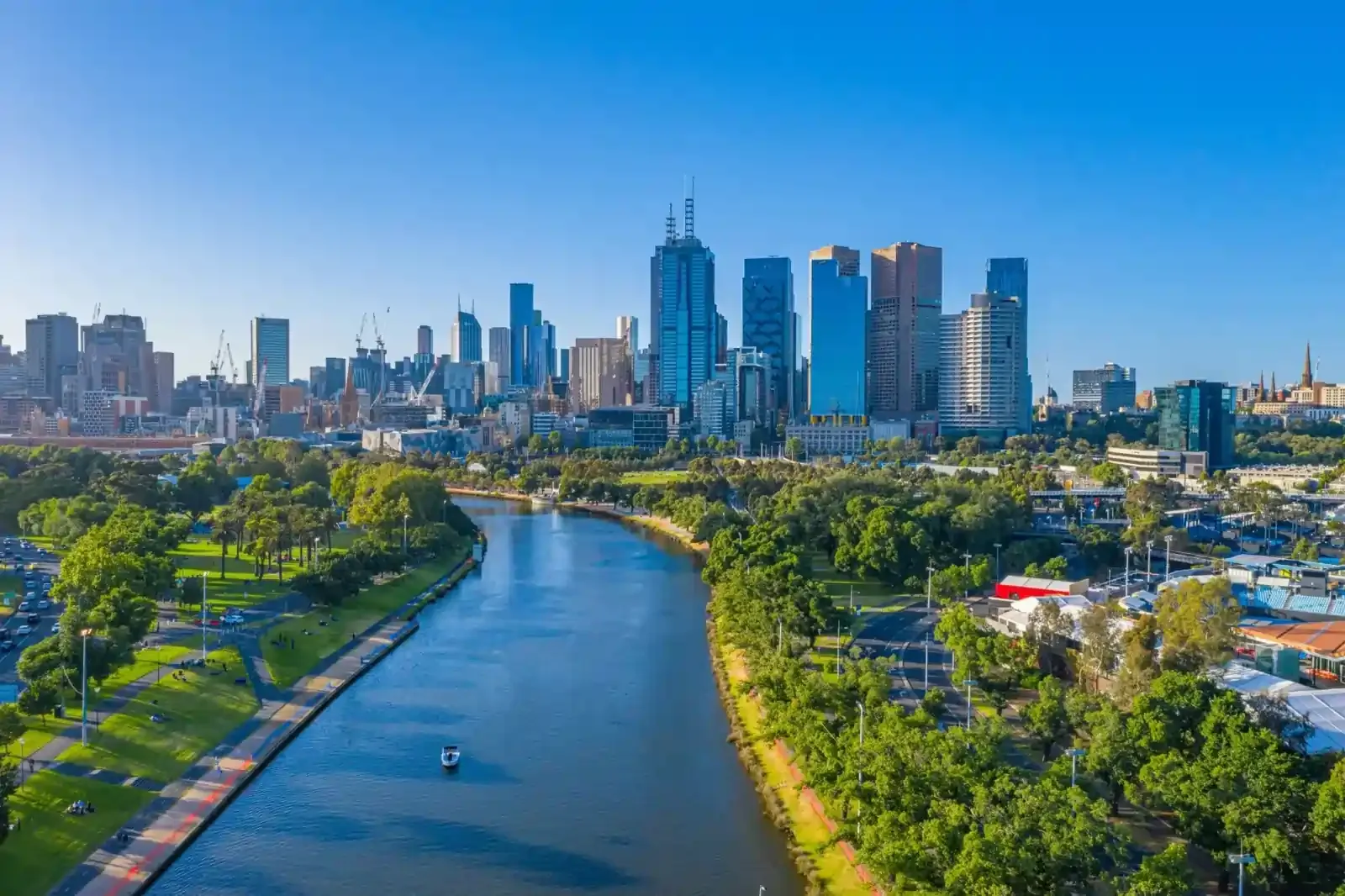 Aerial view of Melbourne CBD skyline along Yarra River