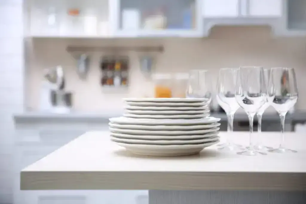 Stacked plates and wine glasses on kitchen counter