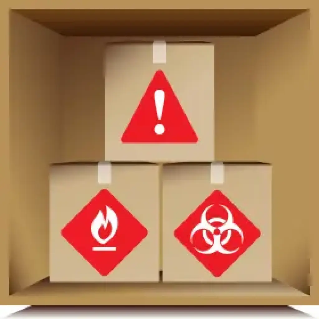 Illustration of cardboard boxes labeled with hazardous warning symbols inside a larger box