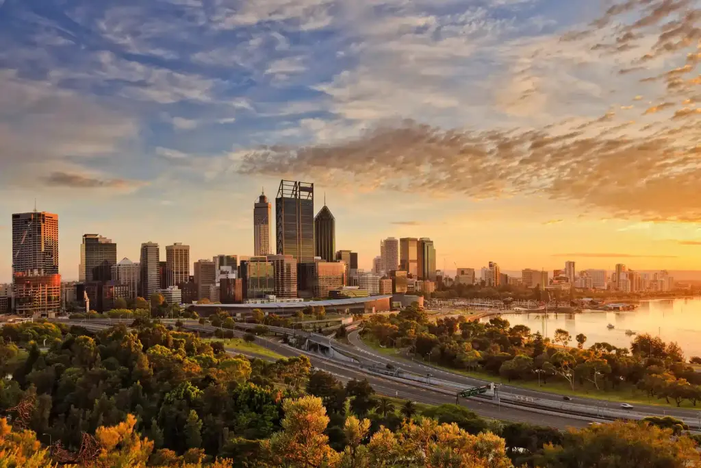 Perth city skyline at golden hour with Swan River