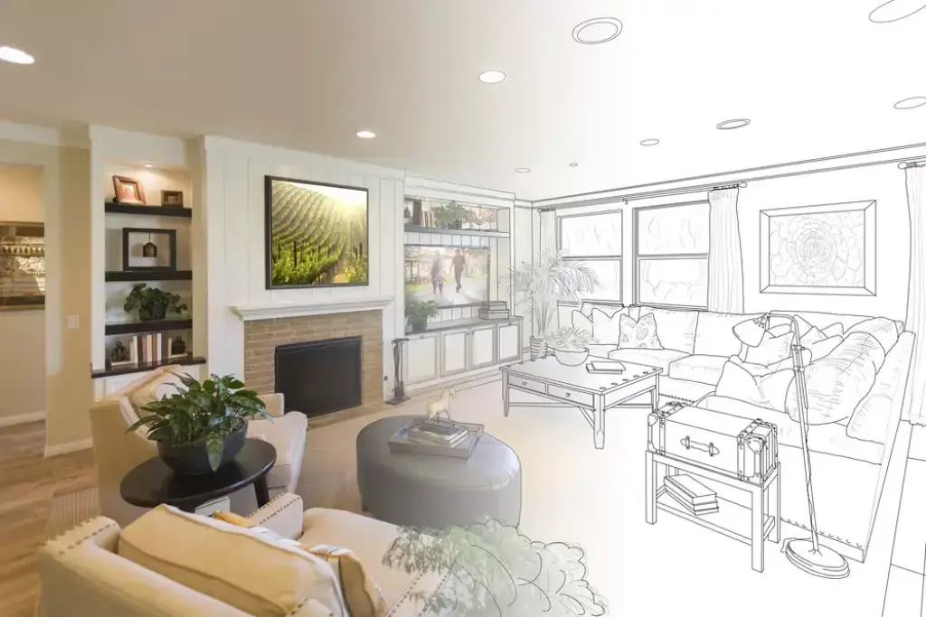 Modern living room design transitioning from sketch to real
