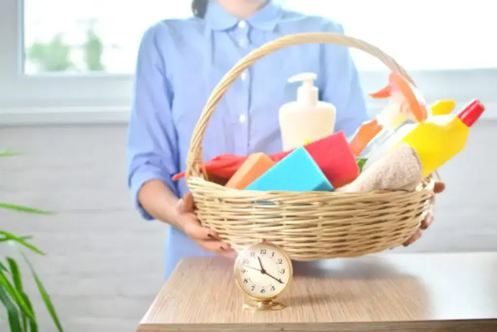 Wicker basket of cleaning supplies with a clock