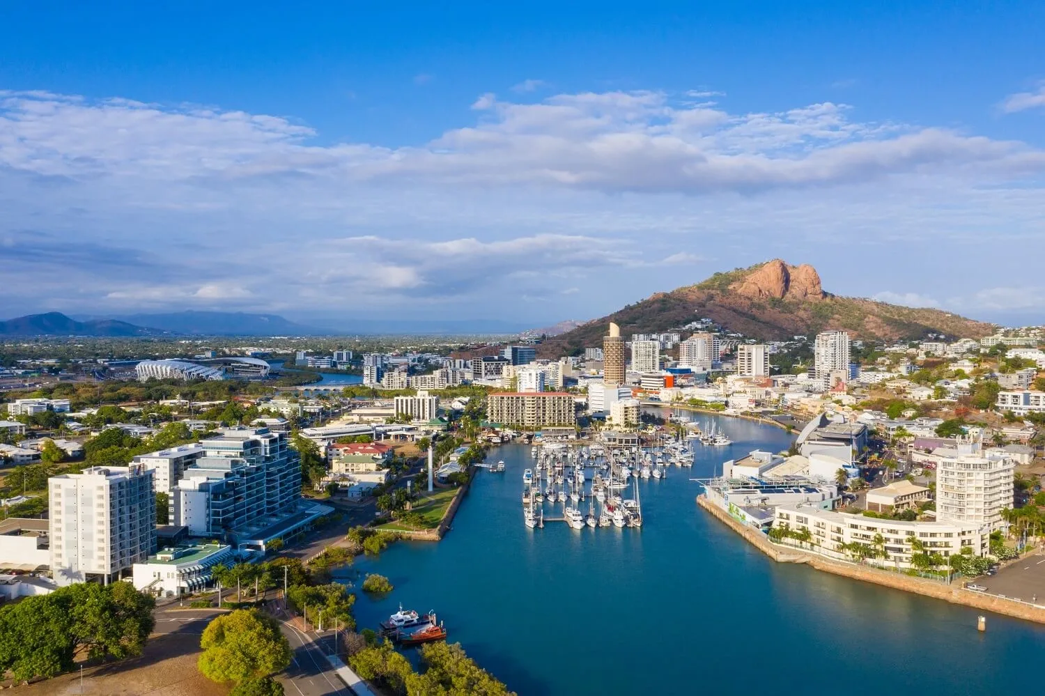 Aerial view of Townsville marina with Castle Hill in background